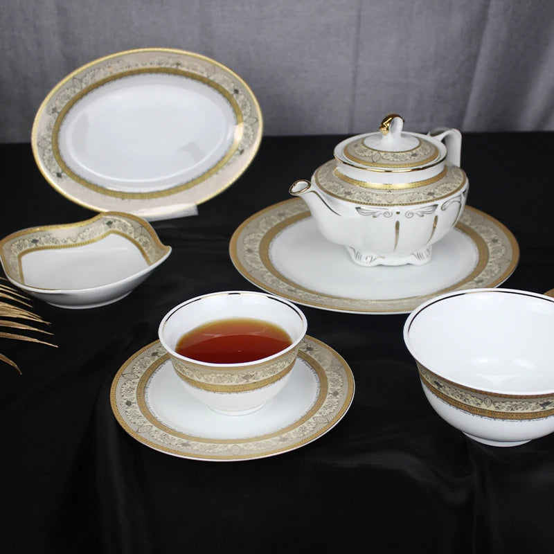 Juego de tetera de cerámica con diseño de arte tradicional clásico, diseño dorado, de lujo, con olla y bandeja, taza de té y café cawa, 62 Uds.