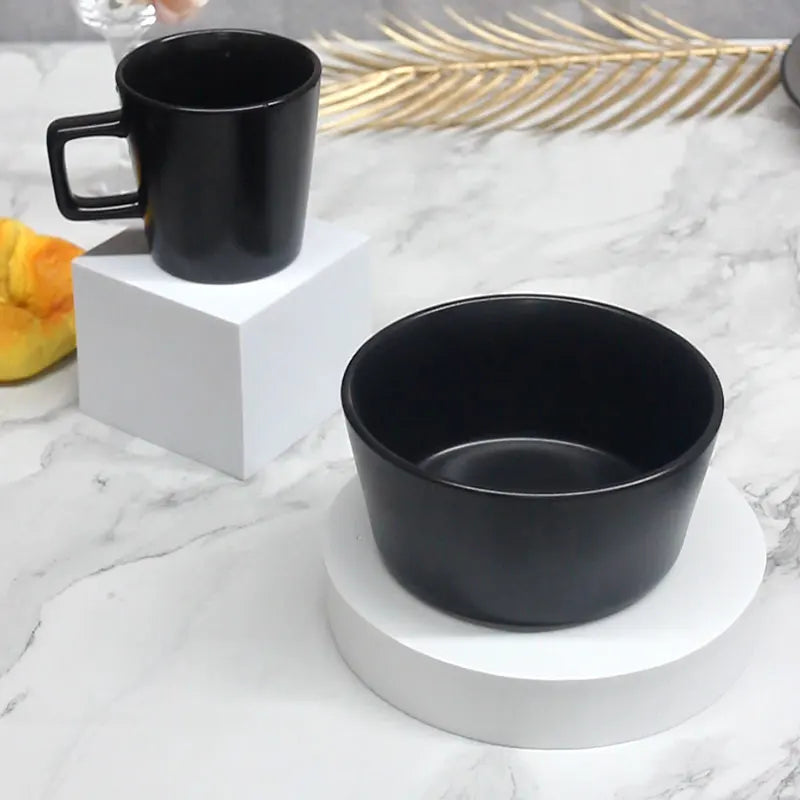 Hot Selling Cheap Restaurant Nordic Style Porcelain Plates Bowl Mug 16 Pcs Luxury Dinnerware Sets Black