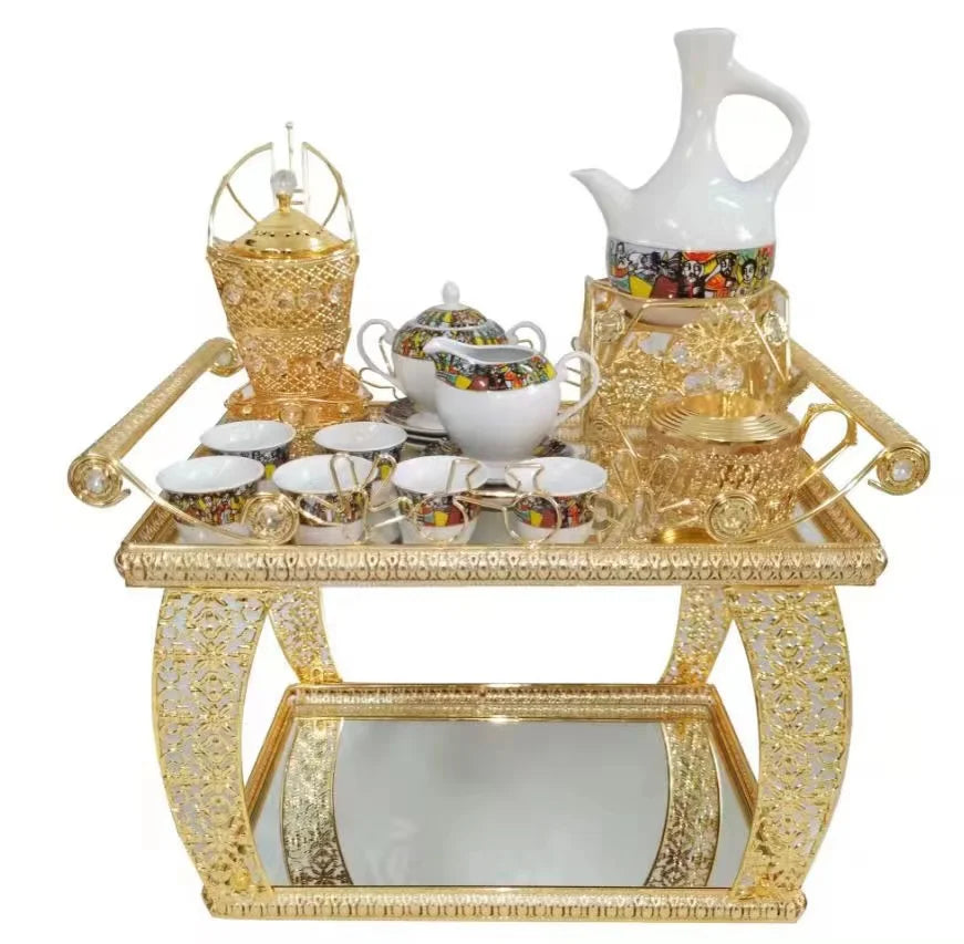 Large Golden Silver Plated Eritrean Ethiopian Rekebot Coffee Serving Tray Table Set cup coffee cups