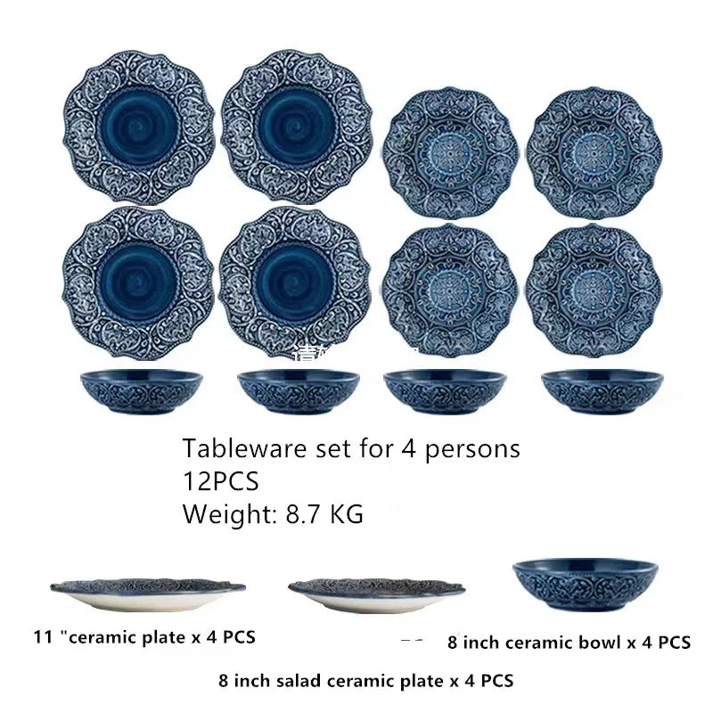 Factory direct blue relief luxury dishes & plates ceramic dinner ware ceramic bowl mugs cups dinner set dinnerware set