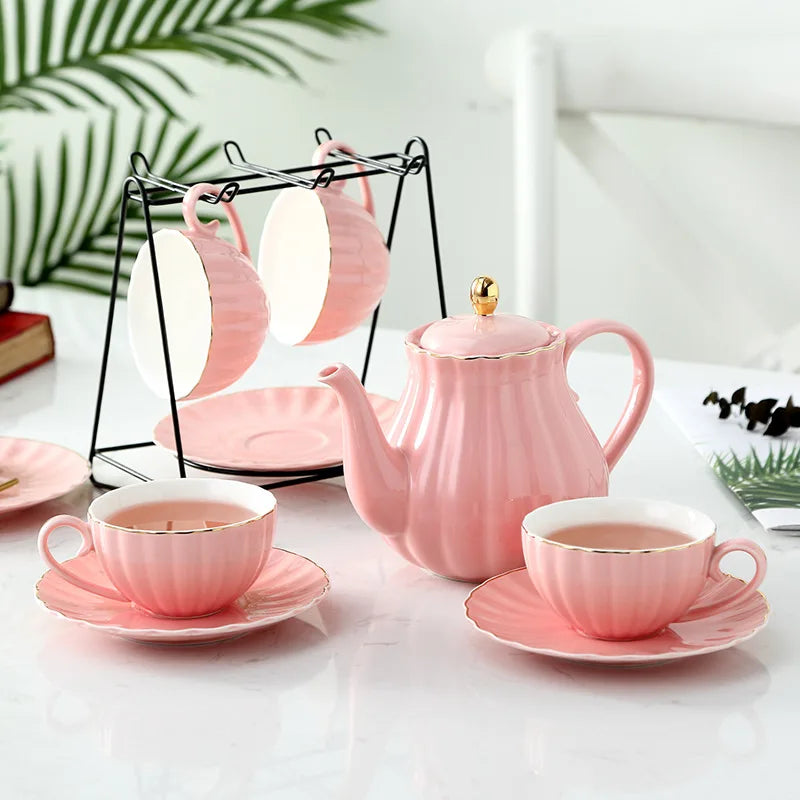 Modern royal luxury gold rim floral design colored porcelain 12pcs cup saucer pink coffee and tea sets ceramic tea set for gift