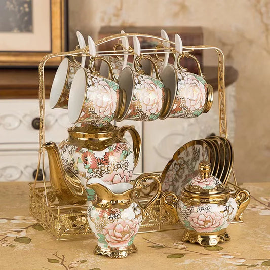 Turkish royal coffee tea set with 6 cups and saucers gold printed ceramic luxury teapot set