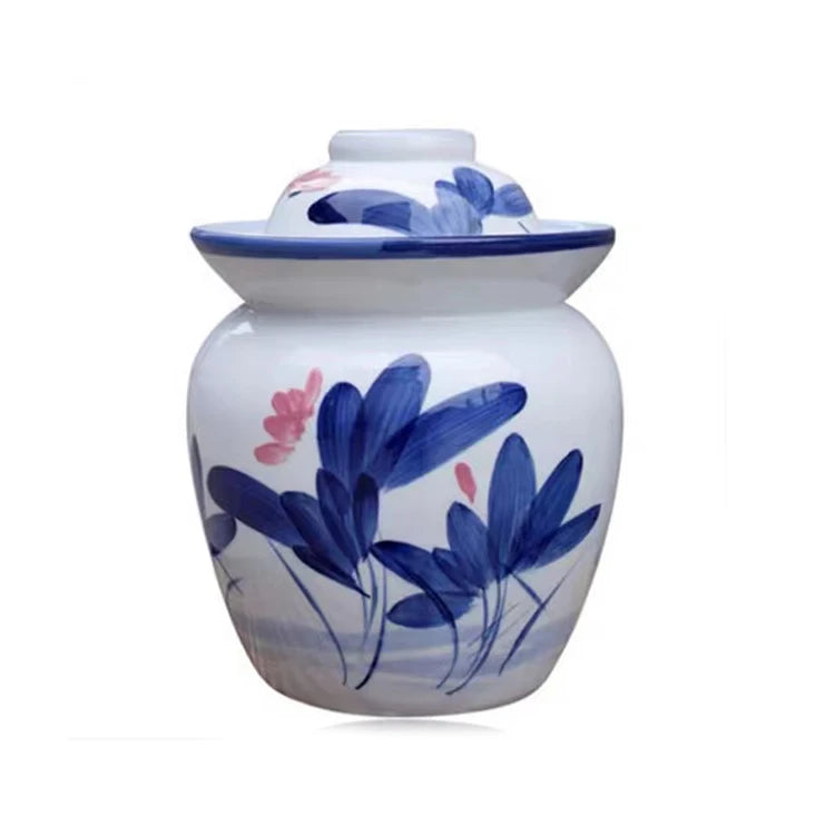 Hot sale ceramic kimchi jar fermentation crock jar for kitchenware hand printing ceramic 1.2L kimchi jar