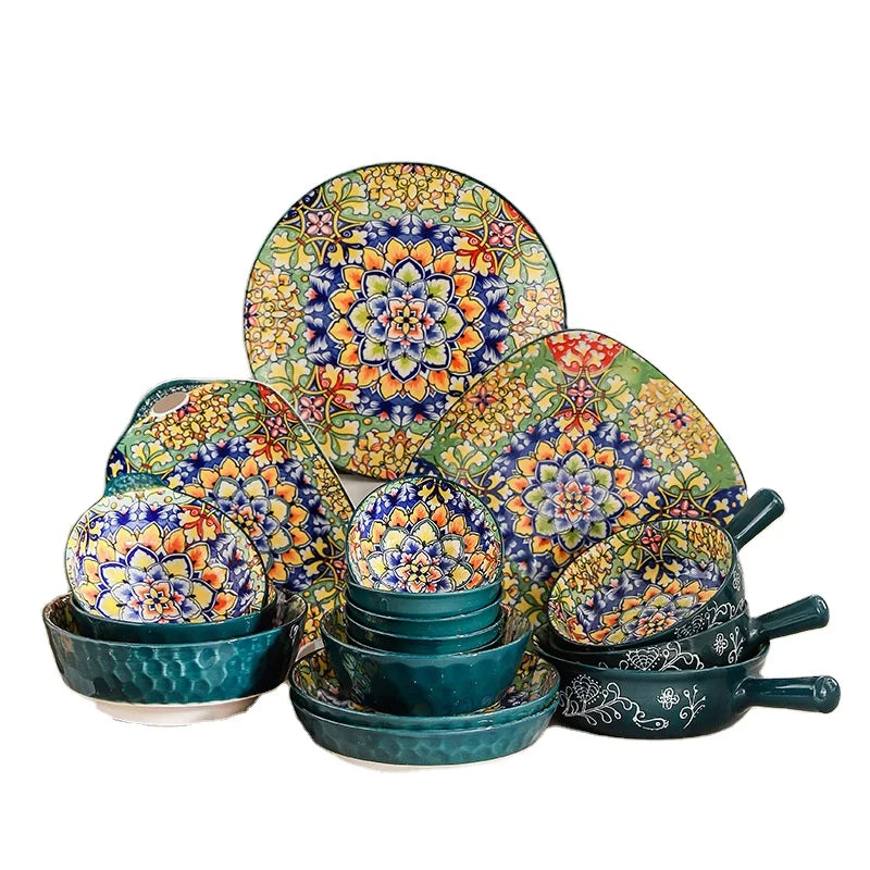 Bohemian style cheap price round deep plate and bowl 4.8 inch rice bowl dishes&plates ceramic plate dinnerware