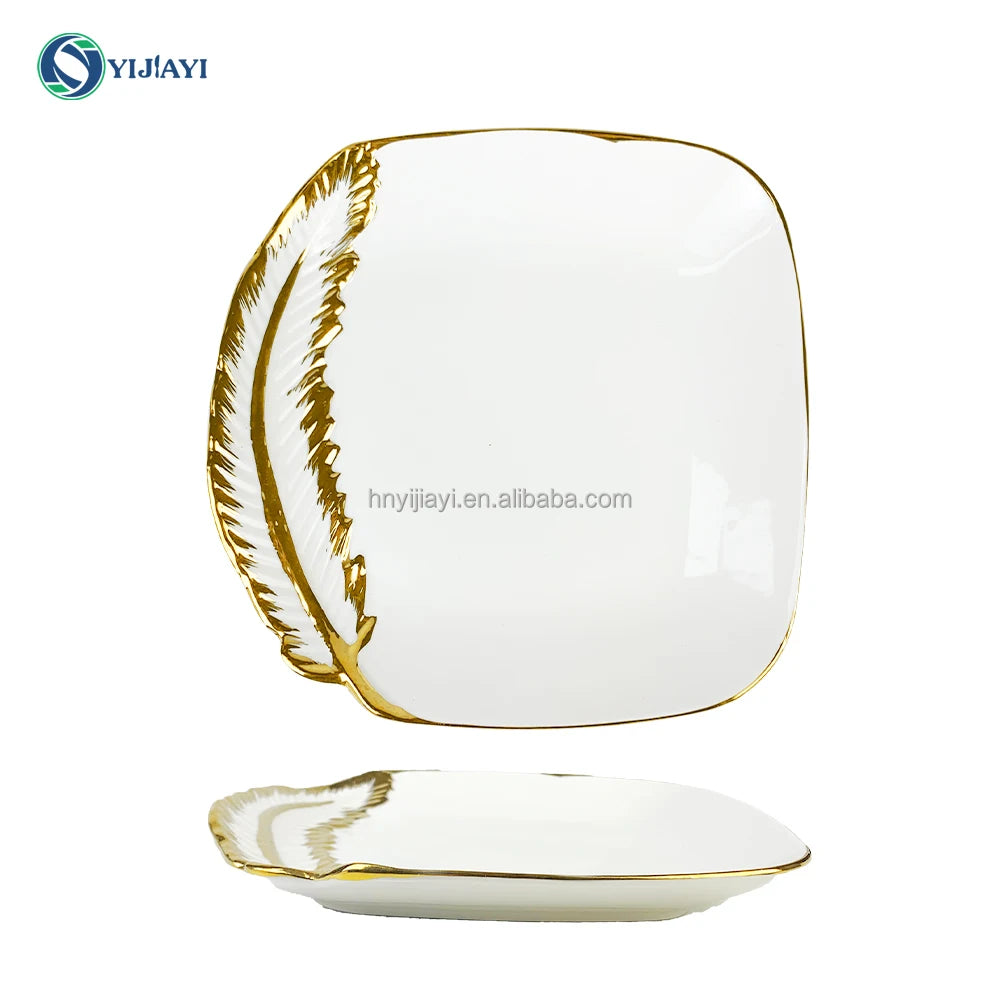 JiuWang Gold and white Plate plated rim Ceramic Bowls Ceramic Plates dinnerware tray  in bulk stock