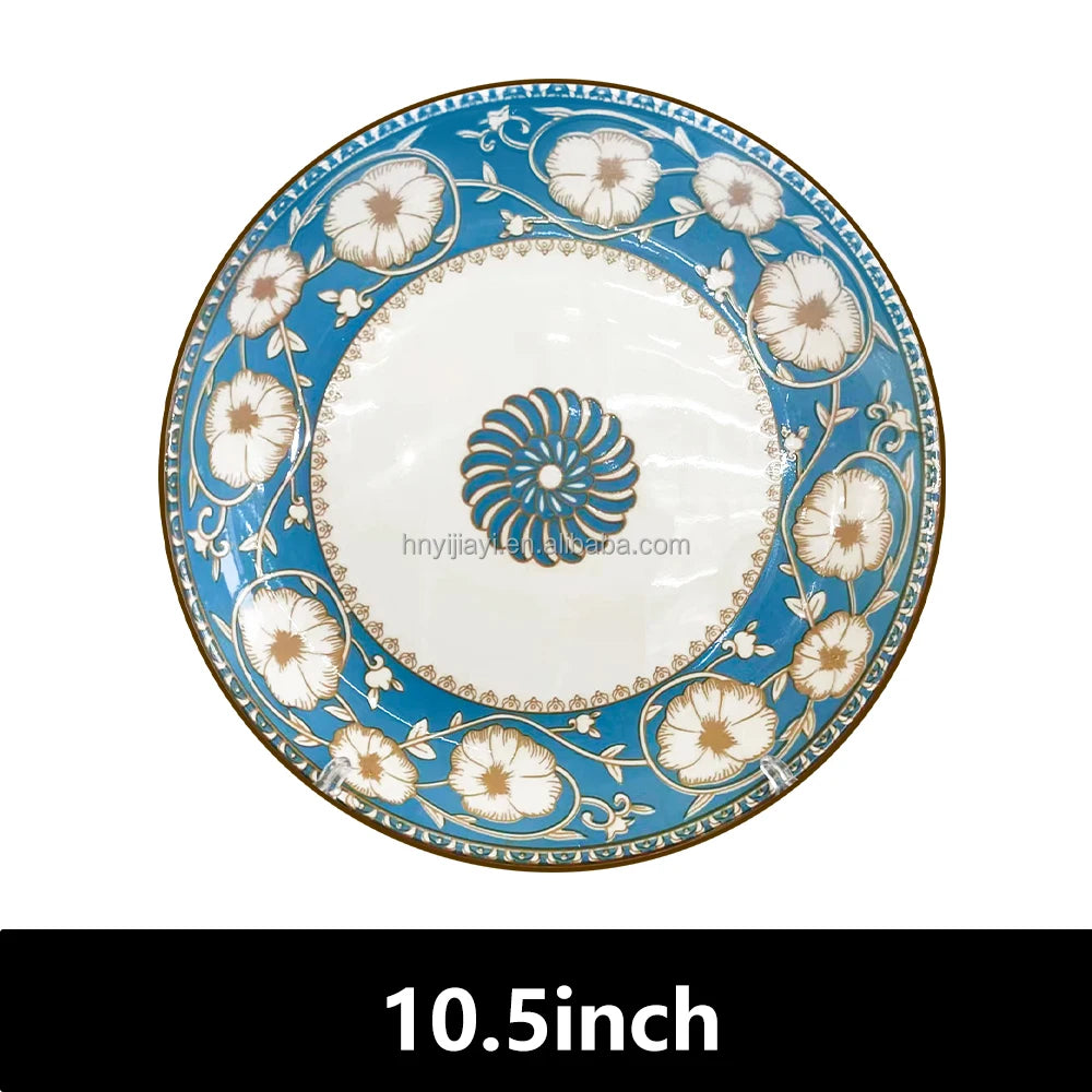 JIUWANG vintage restaurant ceramic porcelain  flower flatware 12inch 10inch 8inch blue fine bone china dinner plates for 12 peop