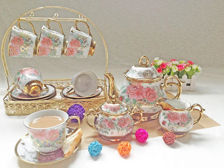 15pcs/set Delicate Bone china Coffee Cup Set European Vintage Tea Cup Tea Kettle Saucer Set