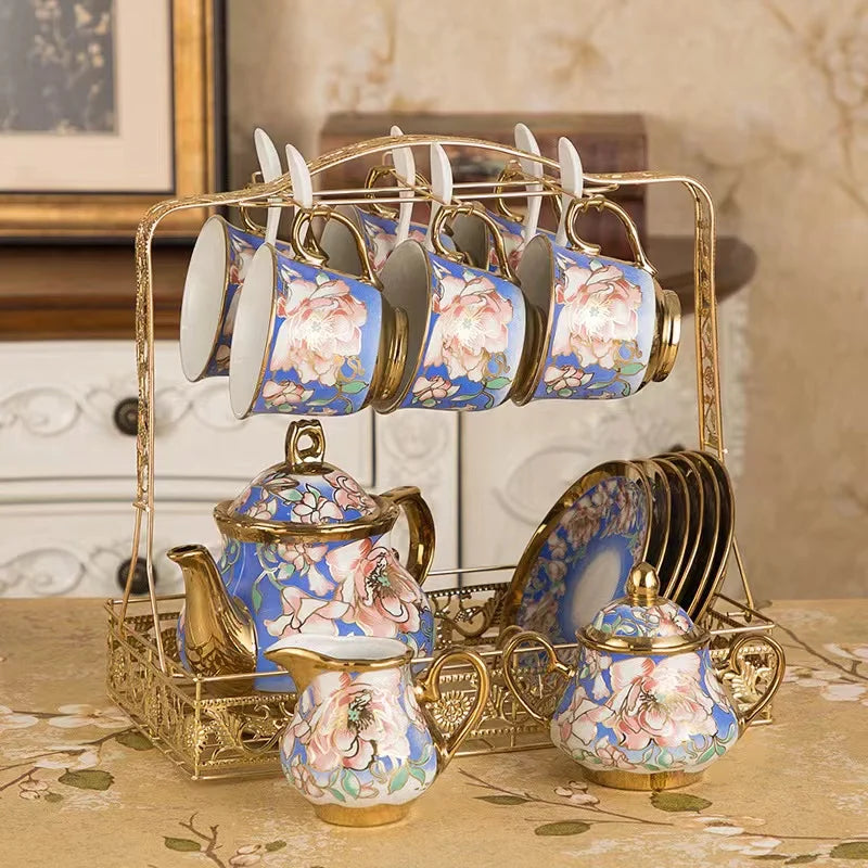 Turkish royal coffee tea set with 6 cups and saucers gold printed ceramic luxury teapot set