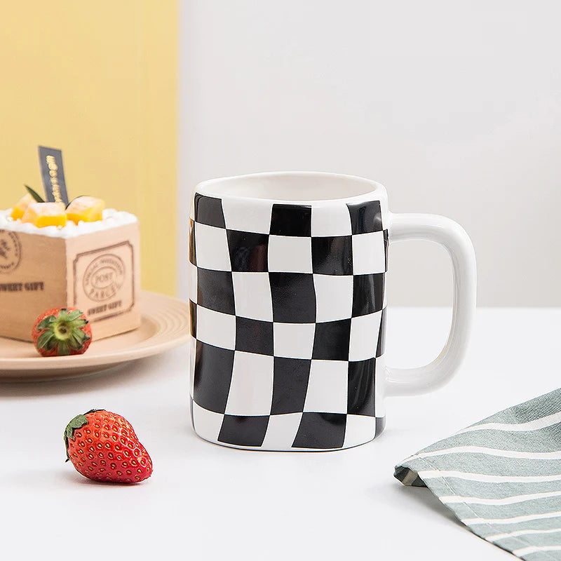 New Product Checkerboard Irregular Nordic Ceramic China Modern Coffee Customised Mugs