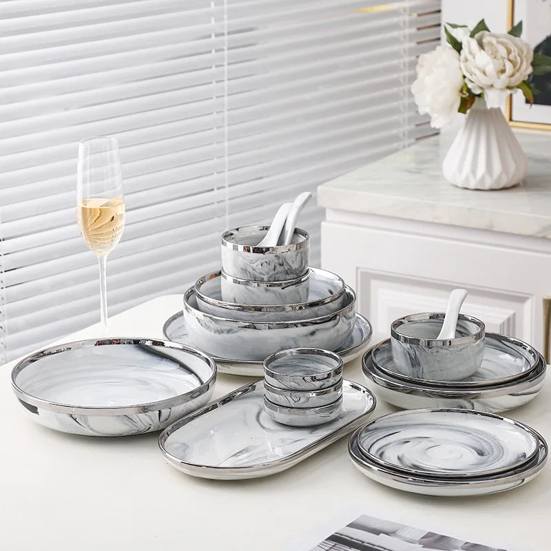 Europe Contracted Ceramic Plate Marble Tableware Luxury Bone China Dinner Set Dinnerware