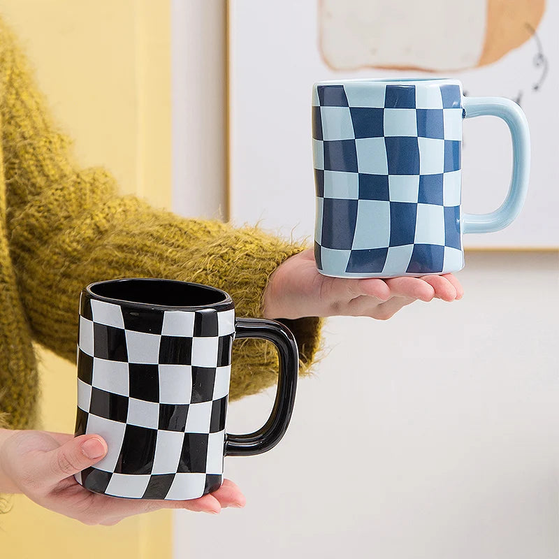 New Product Checkerboard Irregular Nordic Ceramic China Modern Coffee Customised Mugs