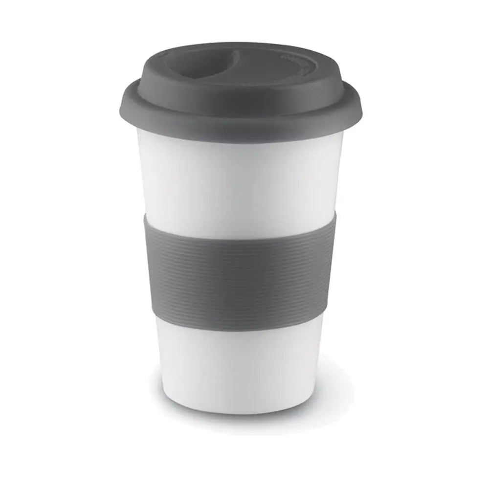 hot sale 15oz grey ceramic handleless ceramic coffee mugs with silicon lid and sleeve