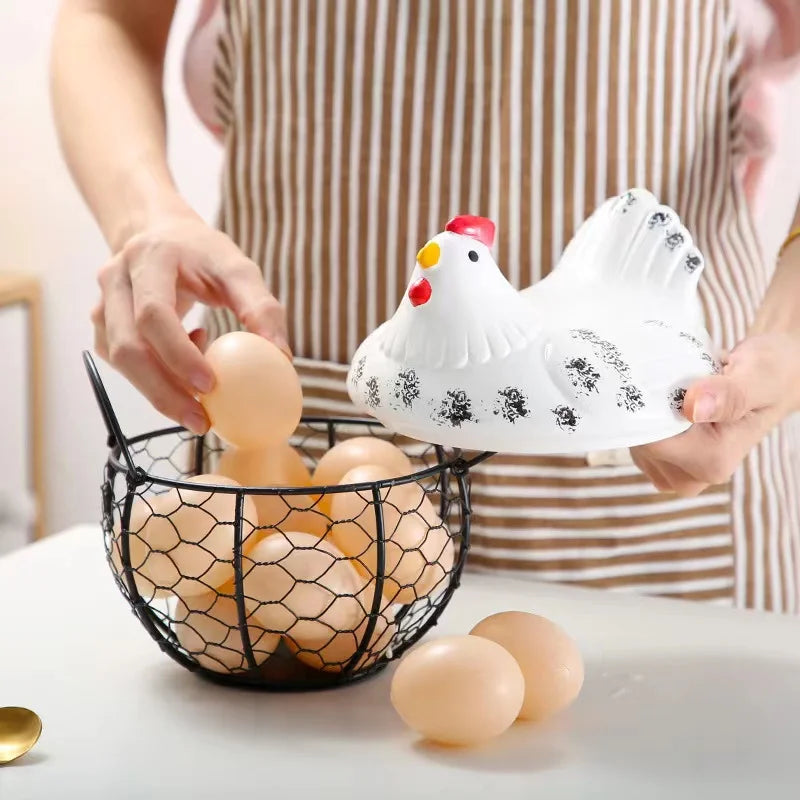 Egg Fruit Metal Storage Basket Ceramic with Lid Large Capacity Mesh Bread Basket Hen Ornament Organizer Kitchen Gift Basket