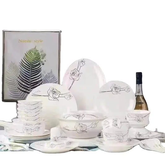 Western ceramic 56pcs Cookware Equator Jungle Series Tableware Set Bone China Bowls and Plates Dinner set luxury plates