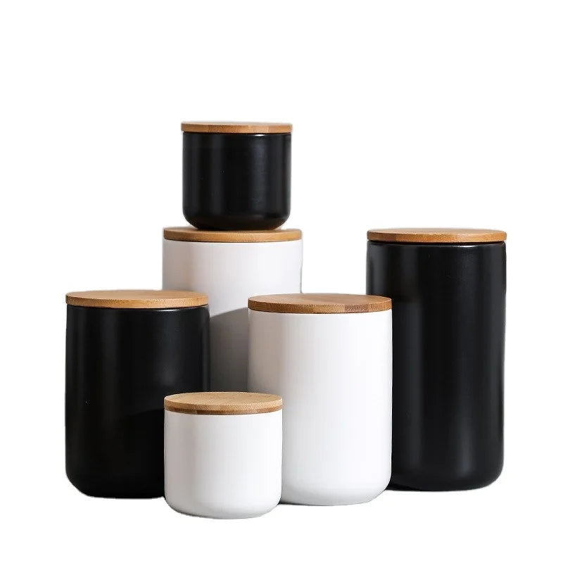 Nordic Wholesale Modern Design Matte White Black Coffee Tea Sugar Ceramic Storage Jar Kitchen Canister Sets With Wood Lid