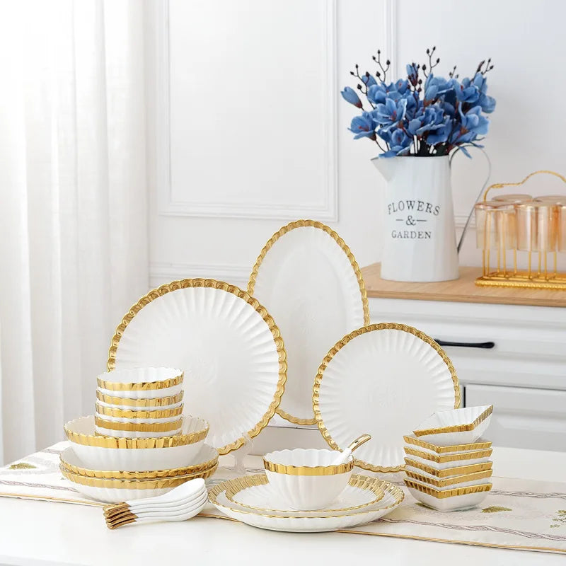 Gold and white Plate plated rim Ceramic Bowls Ceramic dinner Plates dishes dinnerware tray  in bulk stock outdoor tableware