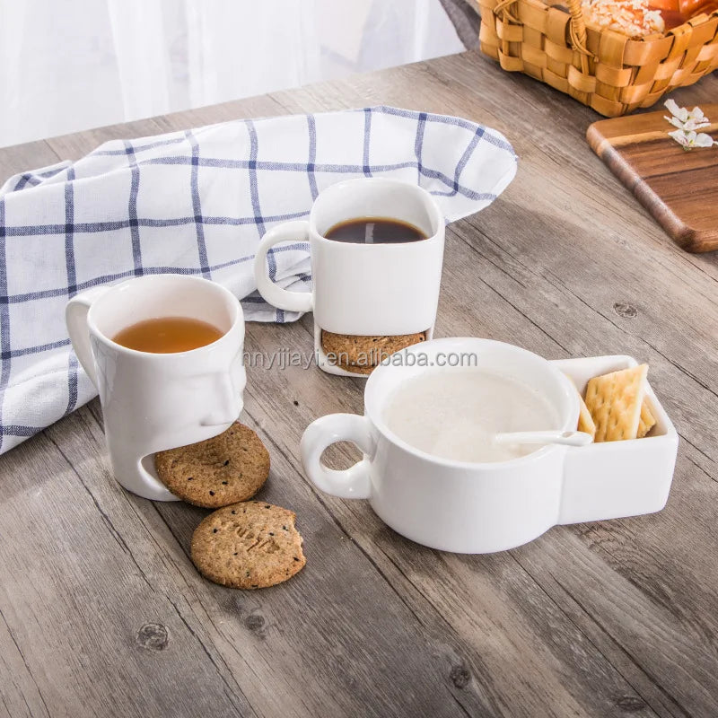 Custom Logo 250ML Ceramic Biscuits Mugs White Coffee Tea Milk Dessert Cup Side Cookie Pockets Mug