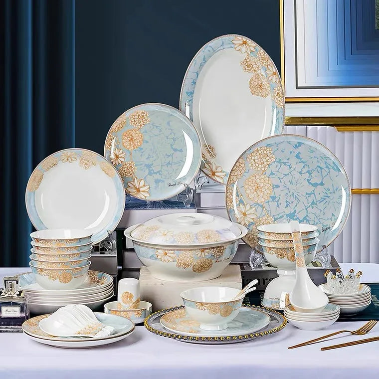 57 PCS Gold Rim Bone China Porcelain Dinner Plate Set Dinnerware Sets Wholesale Luxury Ceramic Tableware set