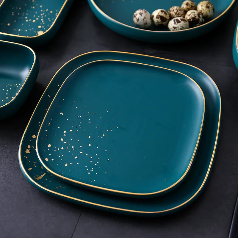 JIUWANG Retro Green Gold Rim Ceramic Tableware Bowl Plate Restaurant Hotel Ceramic Dishes & Plates