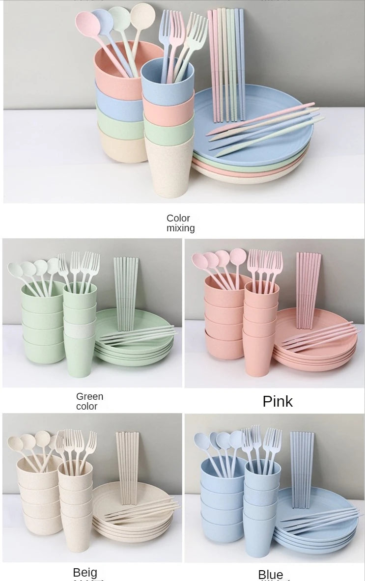 Wholesale Wheat Straw Kids Dinner Set Tableware Degradable Plates Cup Tableware Set Wheat Straw Cutlery Dinnerware Set