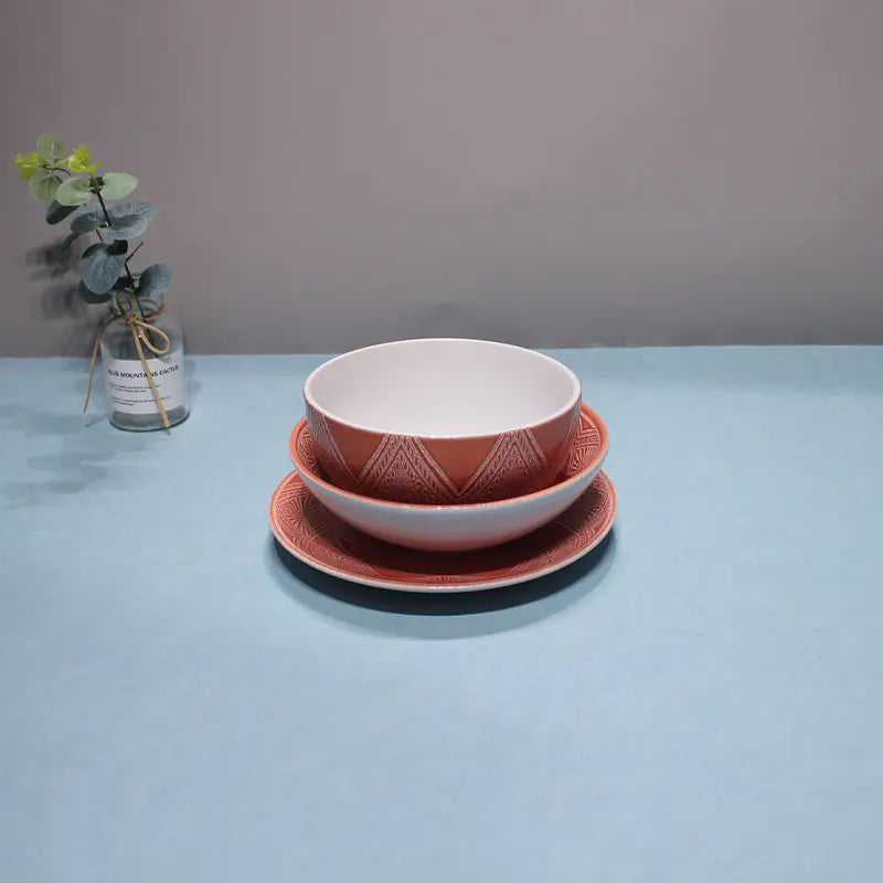 Relief reaction glaze dinner tableware multi-color customizable set ceramic tableware 16pcs