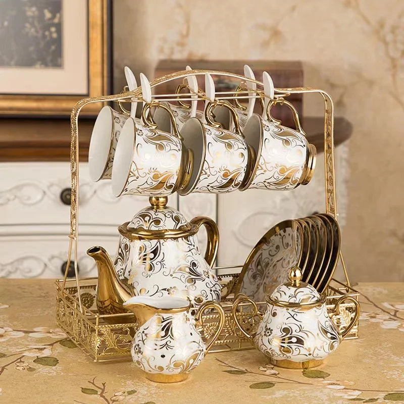 Turkish royal coffee tea set with 6 cups and saucers gold printed ceramic luxury teapot set