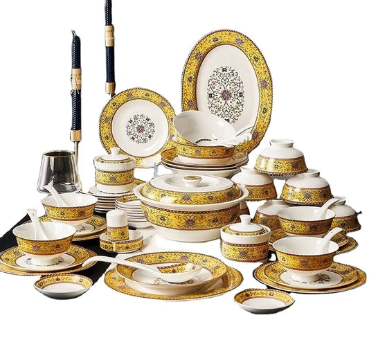 Best Sell Jingdezhen 86Pieces Western Style Golden Mosaic Bone China Tableware Set luxury plates