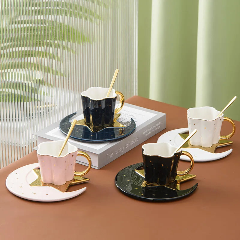 Factory Hot Sale Star Porcelain Coffee Cup and tea set Ceramic Cup Set with Spoon