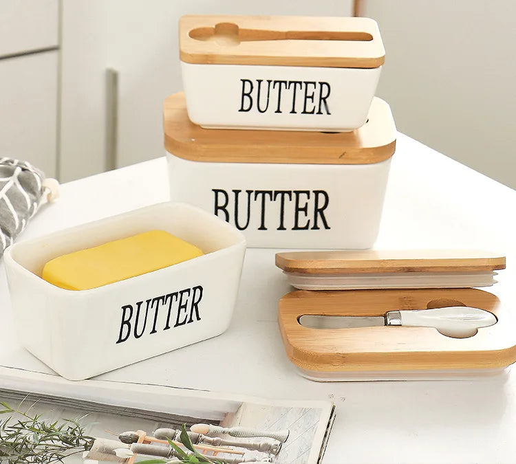 Ceramic Butter Dish with Bamboo Lid And Knife Butter Keeper Container For Customize butter dish with lid solid cheese container