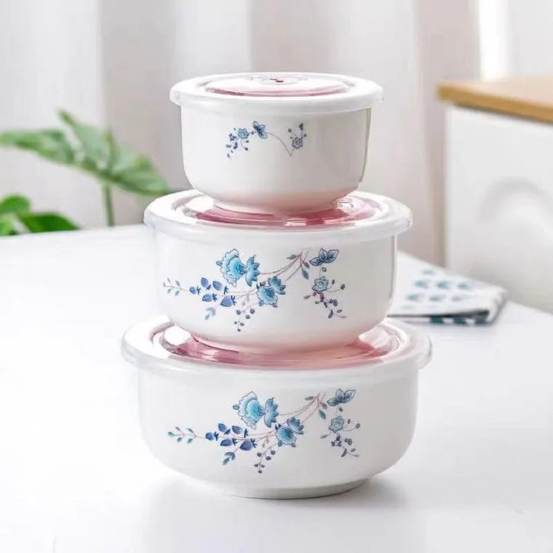 custom printed  ceramic  bowl 3 set microwave safe storage food container fruit serving fresh seal bowls noodle bowl with lid