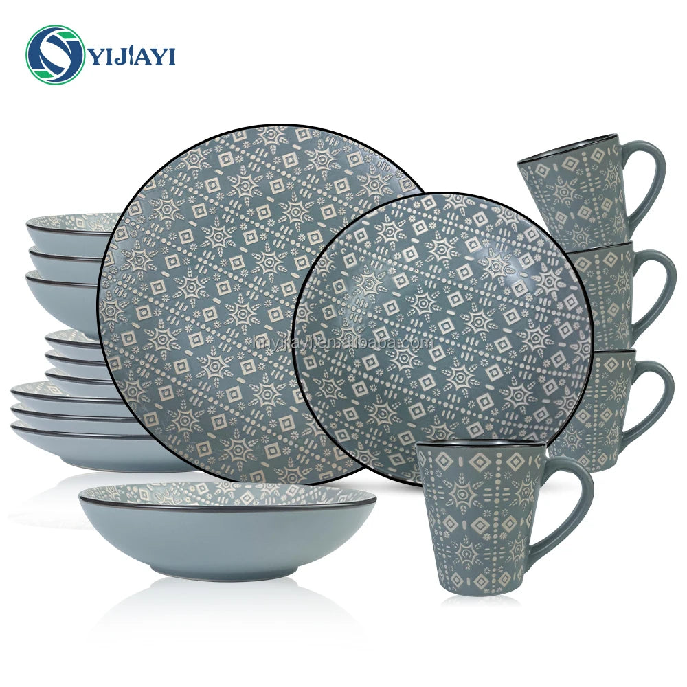 restaurant furniture  tableware set 12 18 24 piece  Stone Color Glazed Stoneware Ceramic Dinnerware blue porcelain plates