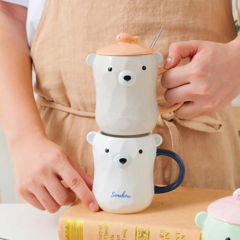 Cute Bear 3D Ceramic Mugs Creative Milk Coffee Tea Cup Unique Porcelain Mugs with Lid and Spoon