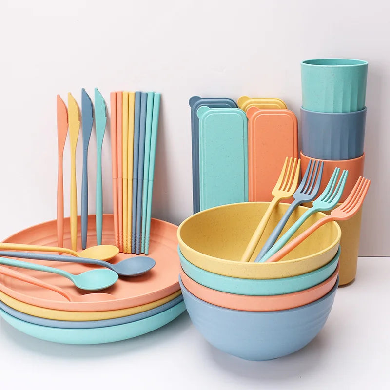 Wholesale Wheat Straw Kids Dinner Setwheat bowl Tableware Degradable Plates Cup Tableware Set Wheat Straw Cutlery Dinnerware Set