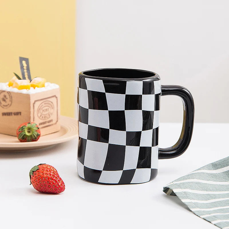 New Product Checkerboard Irregular Nordic Ceramic China Modern Coffee Customised Mugs