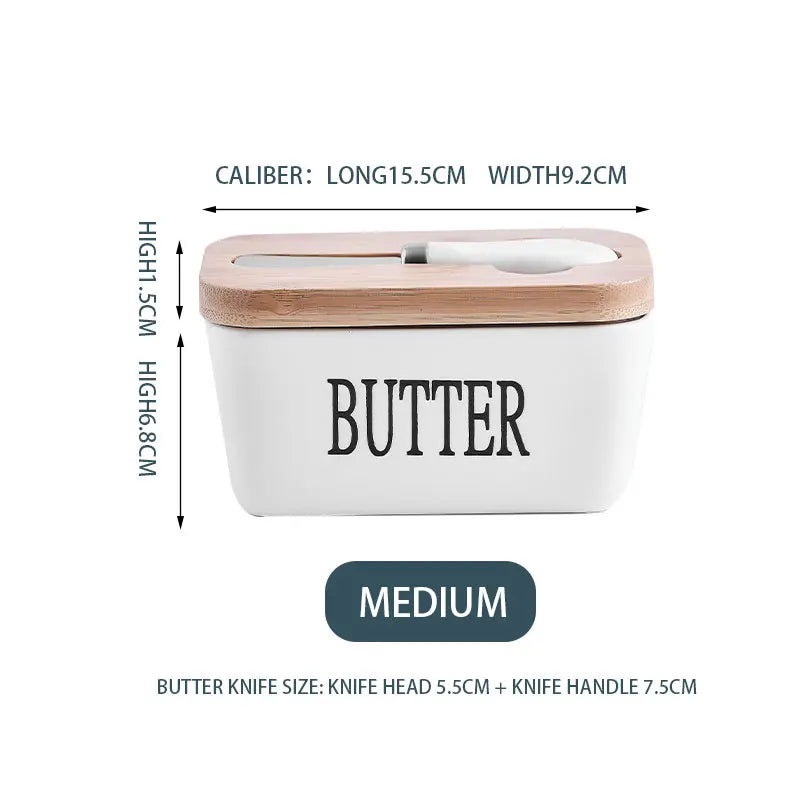 Nordic Style Butter Box With Knife Set Ceramic Cheese Butter Storage Plate With Bamboo Lid Food Container For Kitchen