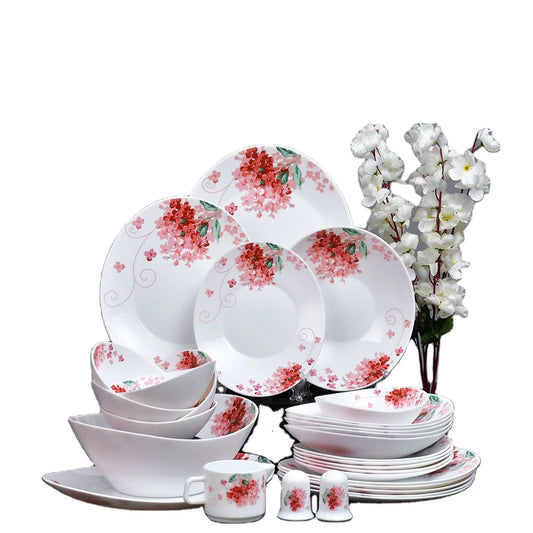 JIUWANG Wholesale Customize 30 Pcs Luxurious Premium Quality Cherry Blossom White Ceramic Dinnerware with color gift box packing