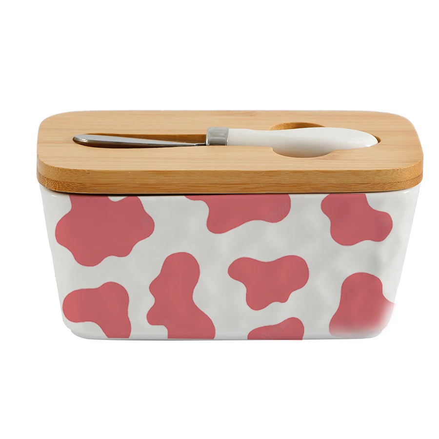 Large Butter Dish with Bamboo Lid Ceramic Butter Keep Container with Knife and Double Silicone Sealing Porcelain Butter Box