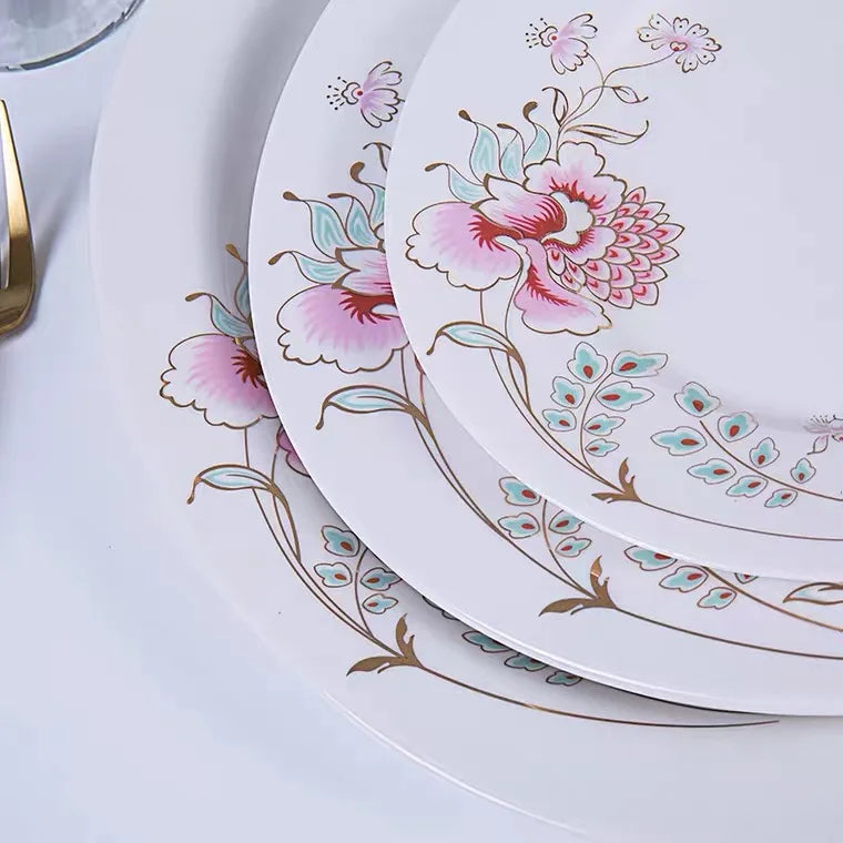 Alibaba Hot Selling Good Supplier Daily Use Ancient Style Printed Flower Opal Glass Luxury Dinner Set