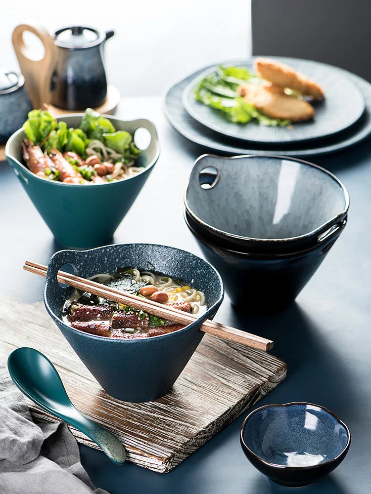 OME Porcelain Noodle Bowl for Udon Pho Salad Soup Ceramic Ramen Bowl Set