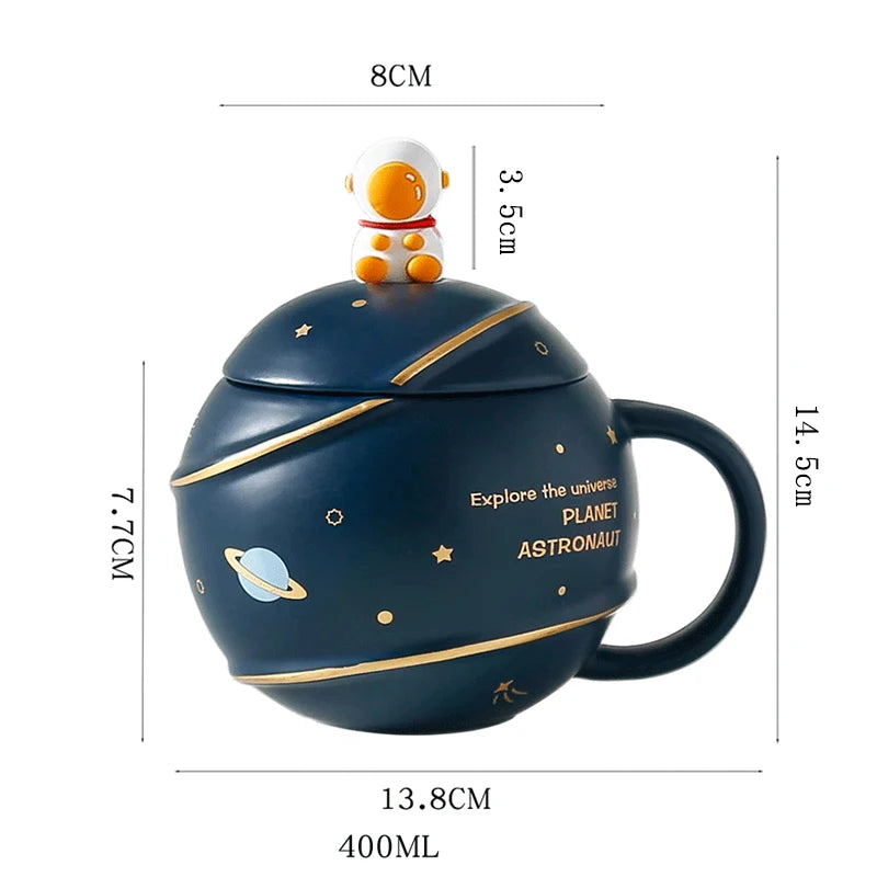 Kawaii Astronaut Cup Space Embossed Planet Mug, Cute Ceramic Coffee Mug, Novelty Mug with Lid and Spoon for Coffee