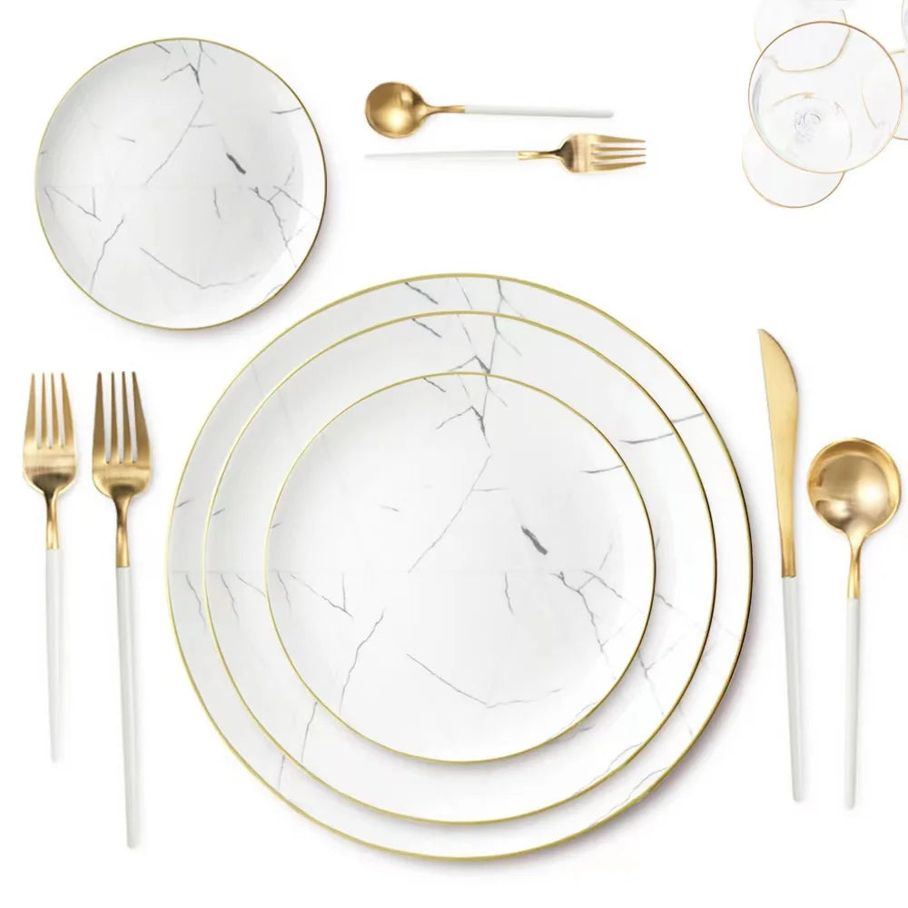 Europe Contracted Ceramic Plate Marble Tableware Luxury Bone China Dinner Set Dinnerware