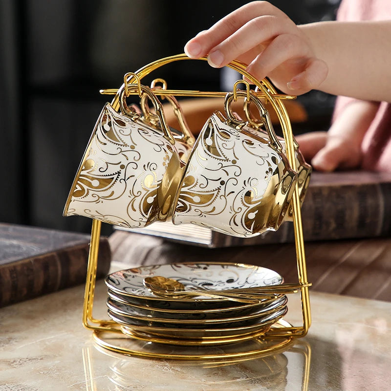 15 Pcs/Set English Camellia Pattern Gold Rim Bone China Coffee Tea Sets Cup Saucer Pot Gift Set With Dessert Tray