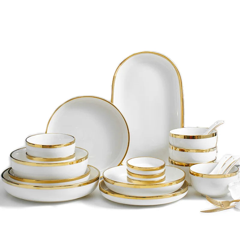 Custom shape white and gold dinner wear set dinnerware ceramic dishes supplier white tableware  plates bulk