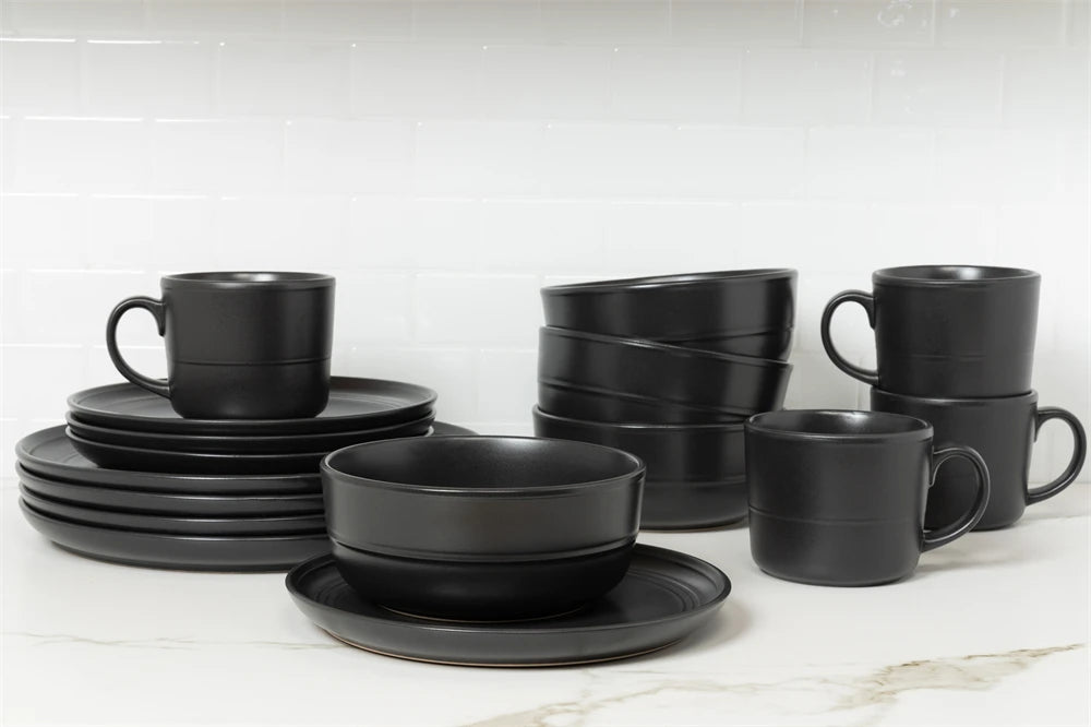 Stone Lain 16 Pieces Two-Tone Color Glaze without Rim Stoneware Round Dinnerware Set