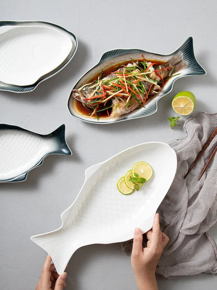 white plates irregular Creative Fish Shaped Plate Ceramic Serving Platter Fish Dish for Restaurant Home