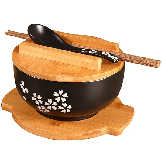 Japanese Ramen Noodle Bowls with Lid Spoon Large Ceramic Soup Bowl Black Hand Drawn Rice Bowl Retro Tableware