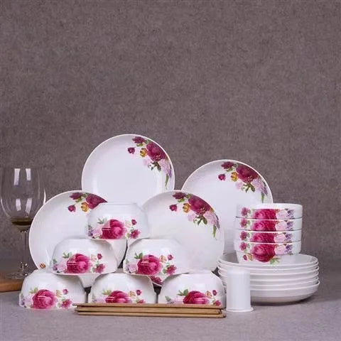 Manufacturer Wholesale Hotel White Ceramic with decal Dinner Porcelain Flat  Sets ceramic plate dishes & plates