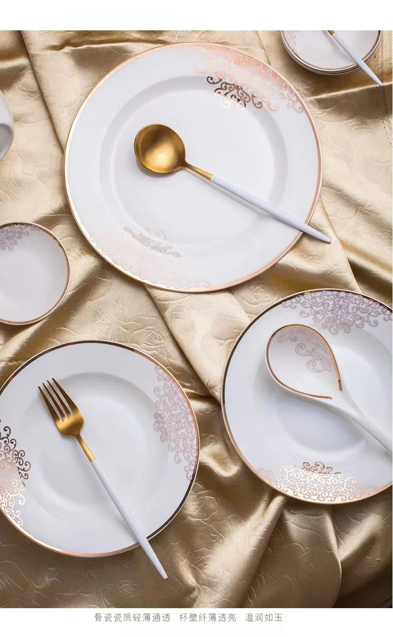 56pcs dinner set with cut decal Wedding dinner plates golden pattern luxury ceramic dinnerware