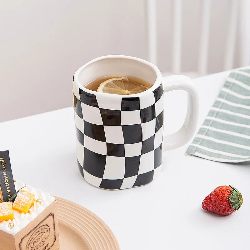 New Product Checkerboard Irregular Nordic Ceramic China Modern Coffee Customised Mugs