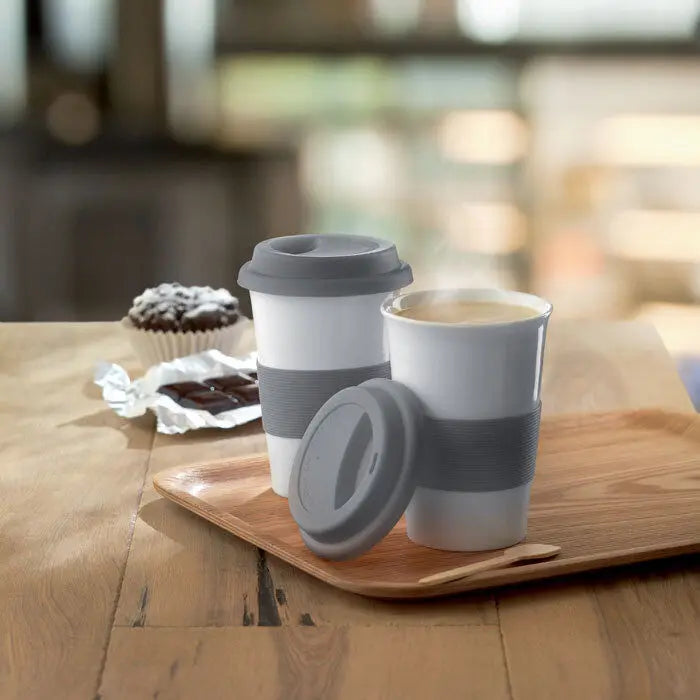 hot sale 15oz grey ceramic handleless ceramic coffee mugs with silicon lid and sleeve